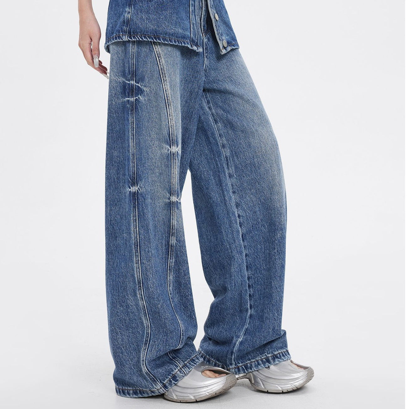 Retro Distressed Faux Two-piece Design Wide-leg Denim Jeans