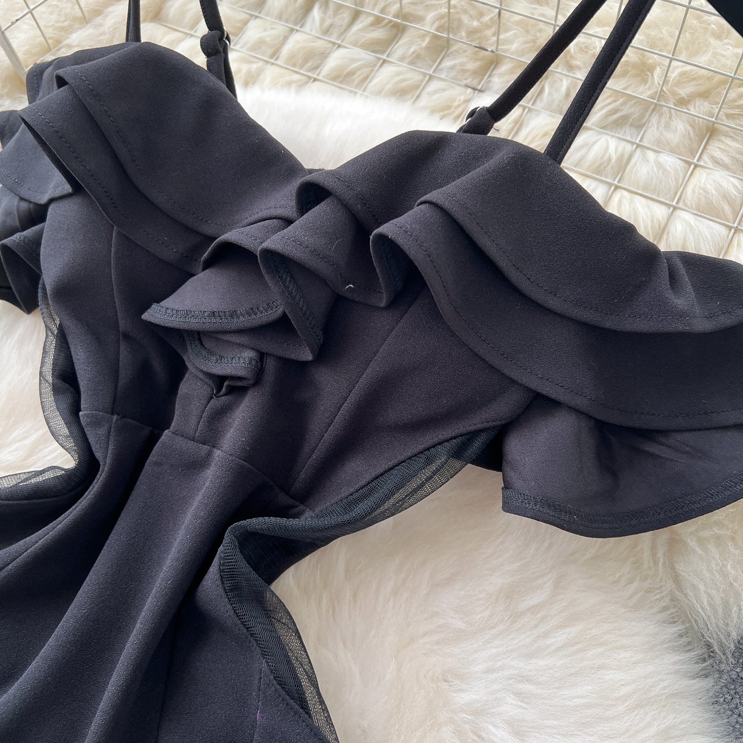 Off-the-shoulder Strap Mesh Patchwork Waist-cinched Slit Dress