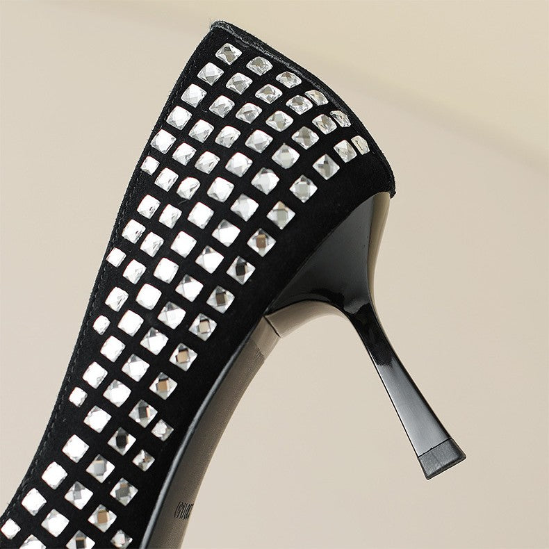 Black Rhinestone French Sheepskin Pointed Fine Heel Small High Heels