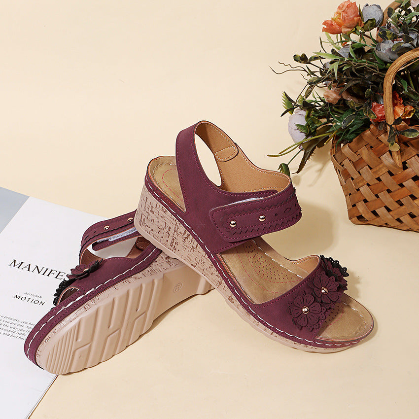 Wedge Heel Laser Cutout Stud Flower Sandals Women's Fish Mouth