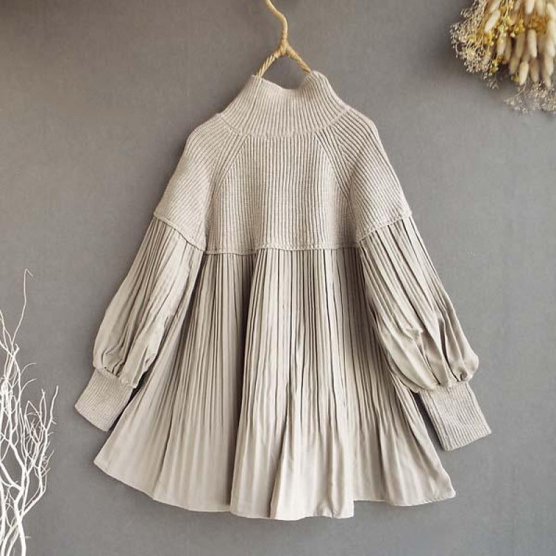 Women's Knitted Patchwork Turtleneck Top With Puff Sleeves