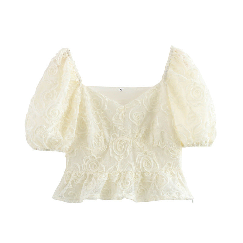 Pure White Embroidered Flowers Puff Sleeve Top