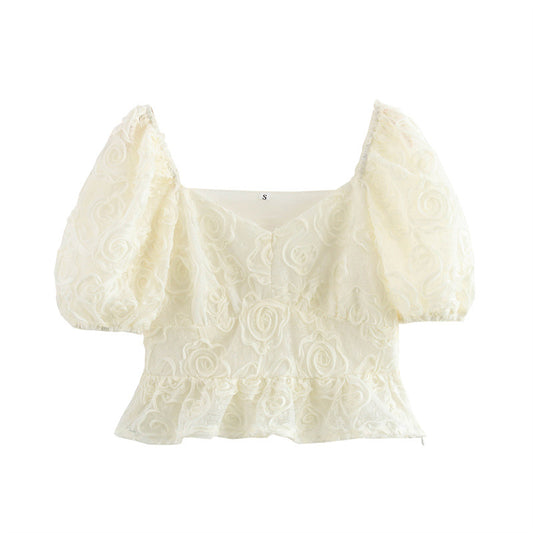 Pure White Embroidered Flowers Puff Sleeve Top