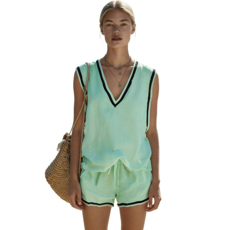 Women's V-neck Vest And Shorts Two-Piece Set