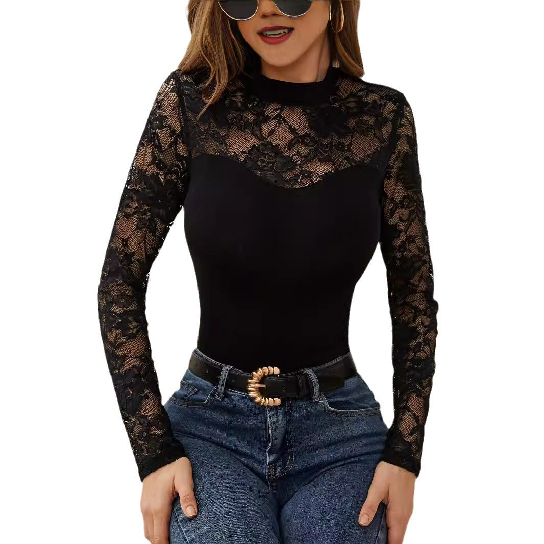 Fashion Lace Stitching Long-sleeved Small Stand Collar Pullover Base T-shirt