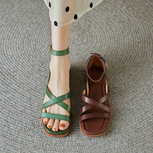 Womens Flat Shoes With A Cross-strap Design And A Single Strap Buckle