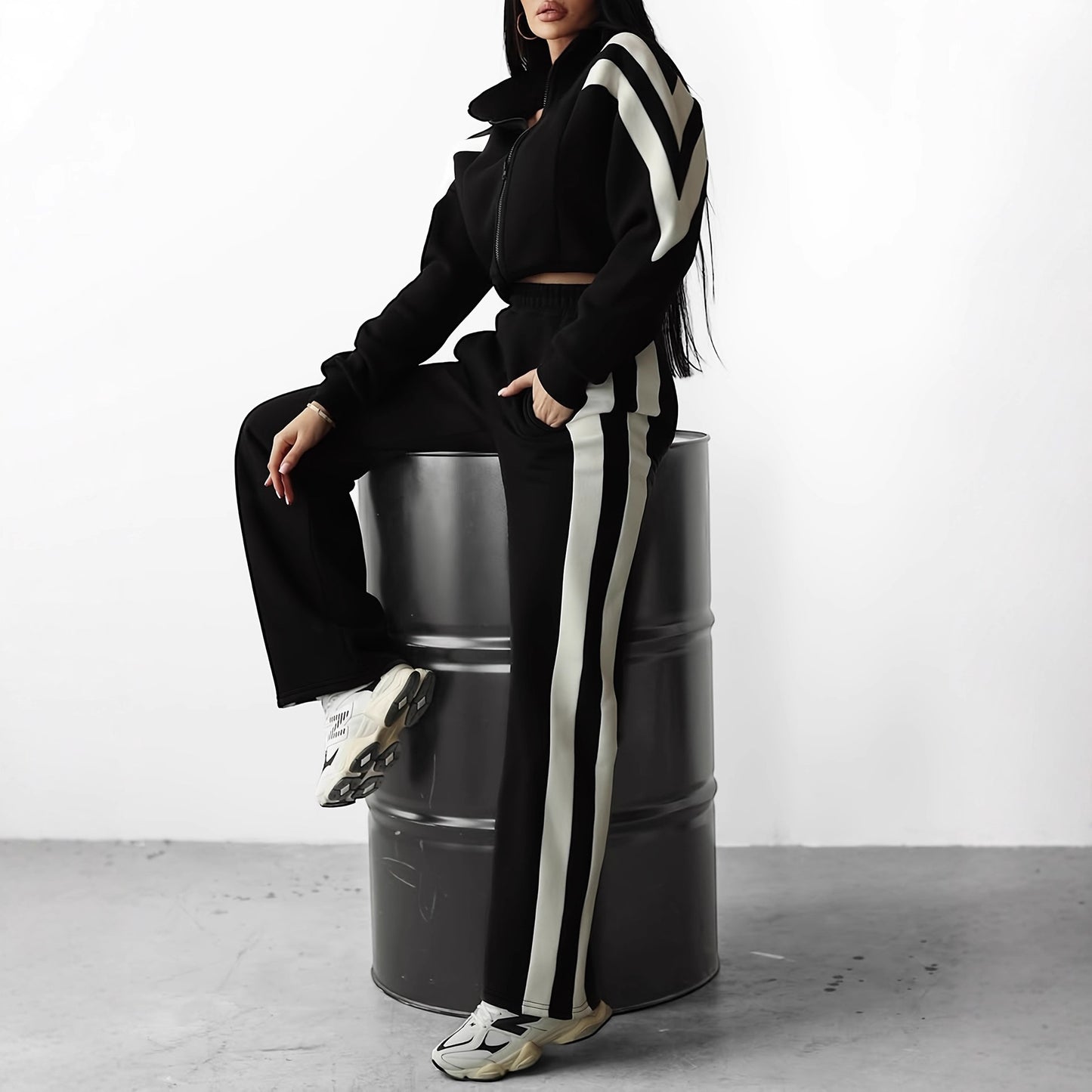Stitching And Brushed High Waist Casual Straight Trousers Ladies Two-piece Set