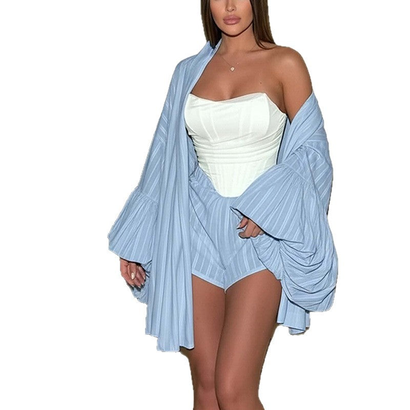 Womens Fashionable Long-Sleeve Casual Minimalist Shorts Set