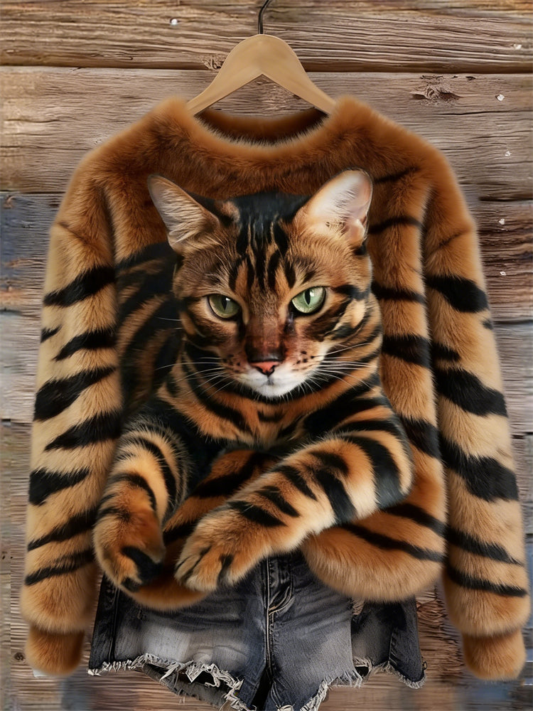Womens AutumnWinter Christmas Cat Crew-Neck Sweatshirt