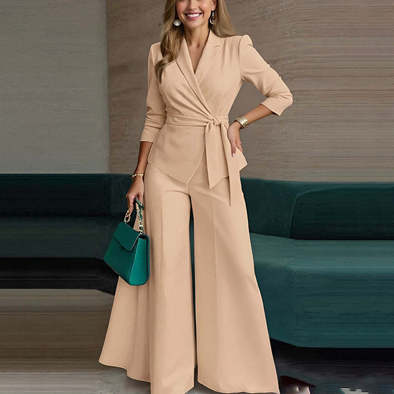 Long-Sleeve Casual Minimalist Pants With Lace-Up Top Two-Piece Set