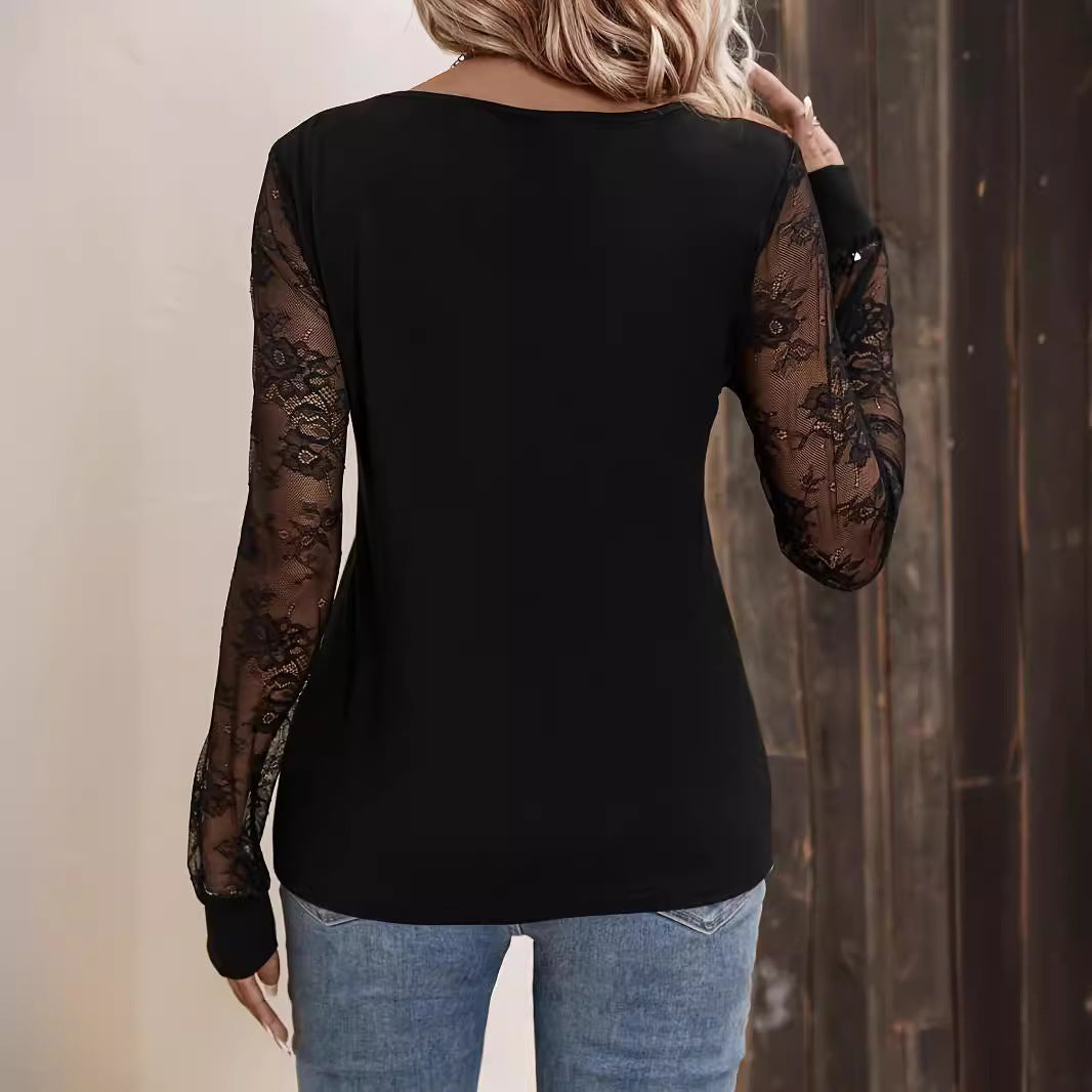 Blondebesat V-hals Patchwork Løstsiddende Langærmet Ensfarvet T-shirt