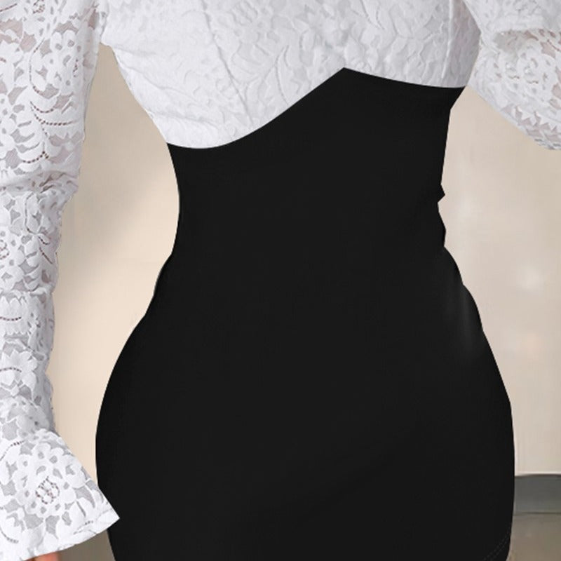 New Arrival Fitted V-Neck Lace-Patchwork Wrap Dress