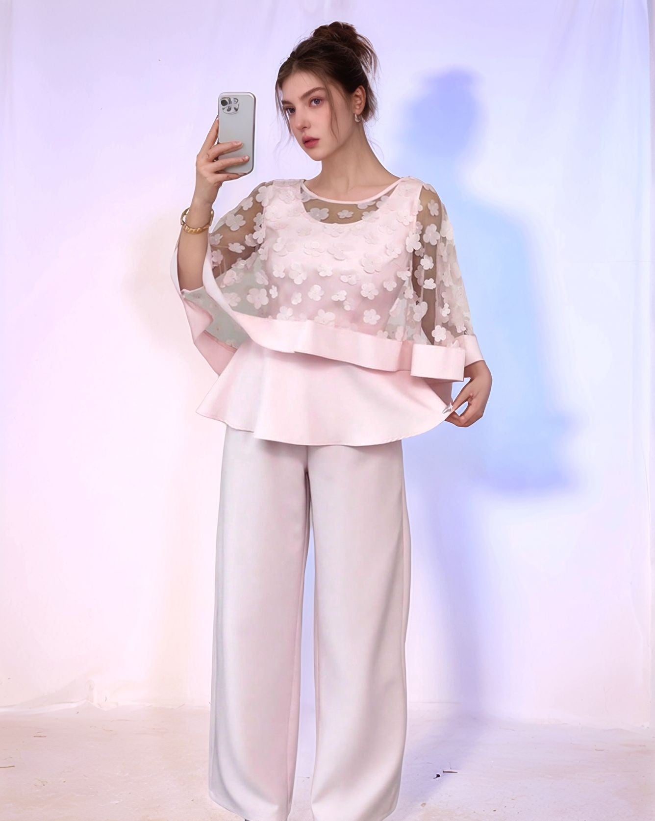 Net Yarn Flowers Long Sleeve Two-piece Set