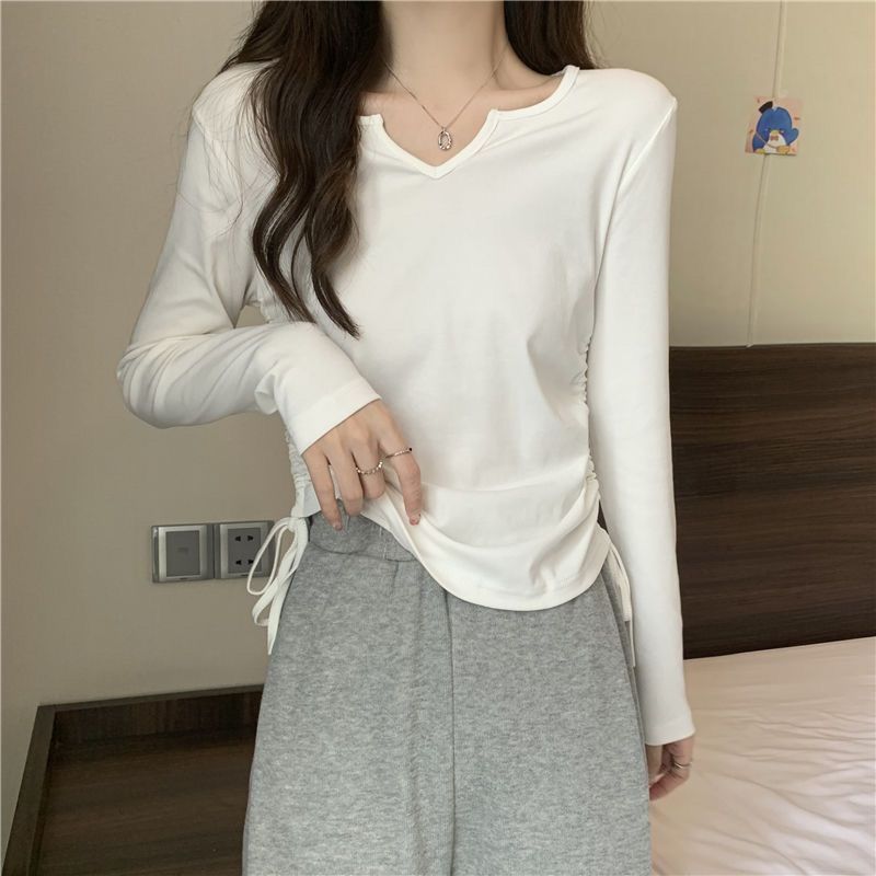 Short Belly Covering Slimming Drawstring V-neck Shoulder T-shirt