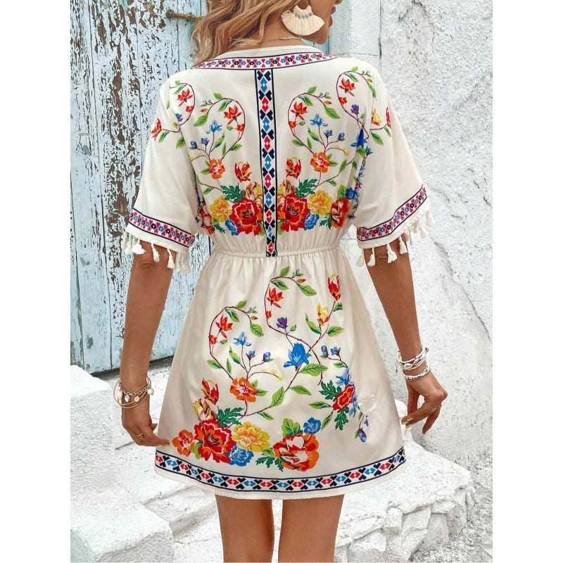 Bohemian Retro Ethnic Print Temperament Waist-controlled Slimming And Short Holiday Dress