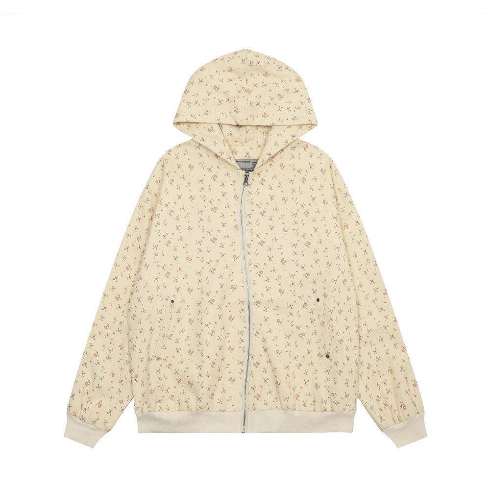 Men's Loose Floral Design Irregular Zipper Hoodie Coat