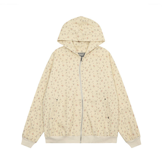 Men's Loose Floral Design Irregular Zipper Hoodie Coat