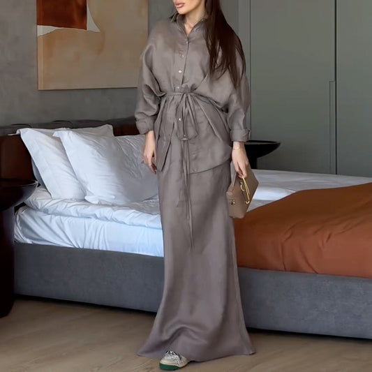 Fashionable Lapel Collar Loose-Fit Long-Sleeve Shirt And High-Waist Skirt Set