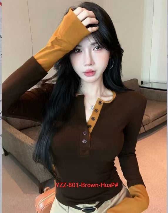 Retro Color-blocked Fake Two-piece Long-sleeve T-shirt Inner Wear