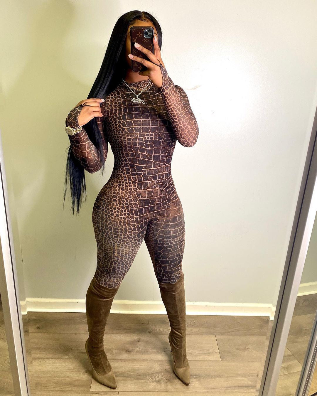 Plus Size Women's Crocodile Skin Pattern Mesh Jumpsuit