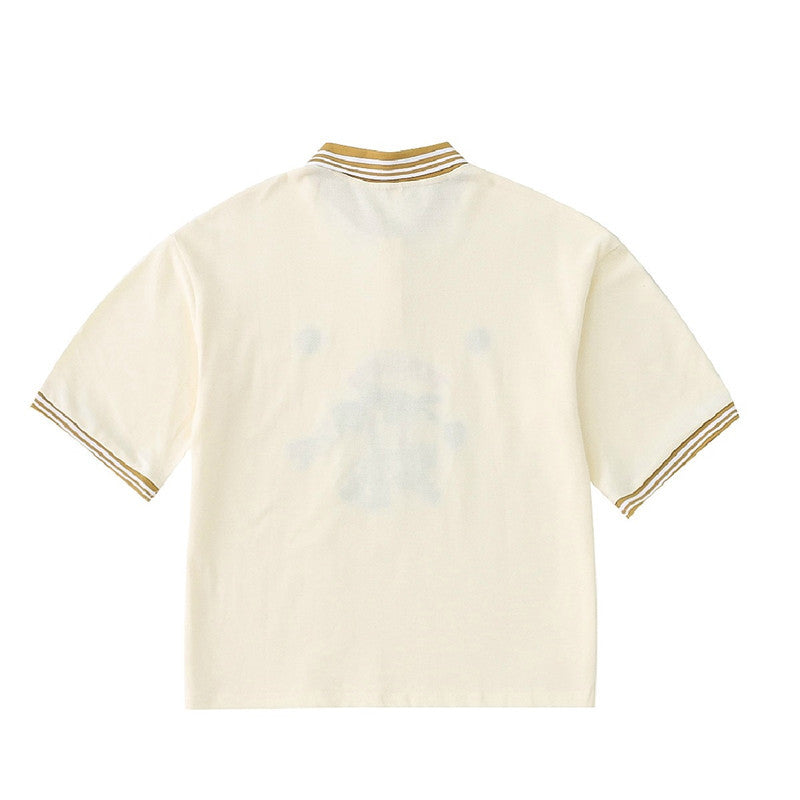 Hand-painted Illustration Embroidery Contrast Color Lapel Retro Short T-shirt Polo Shirt