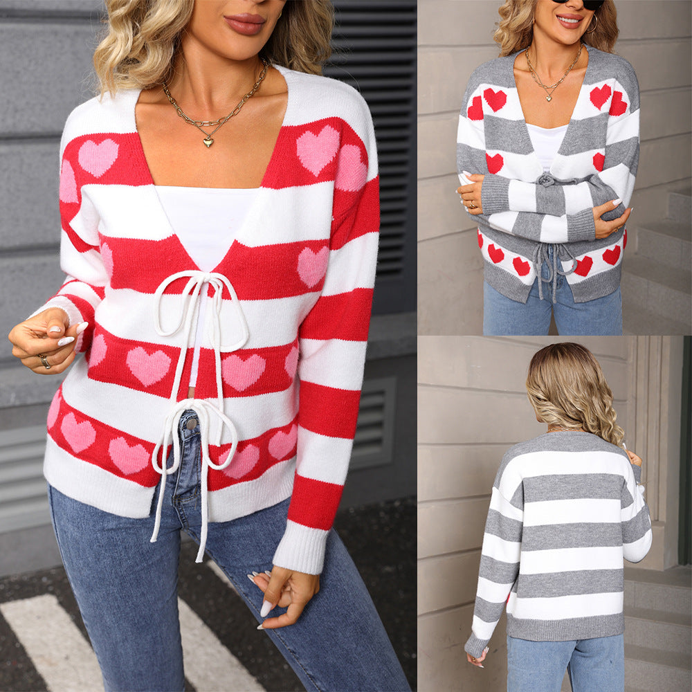 Love Sweater Lace Cardigan Color Matching Knitted Coat