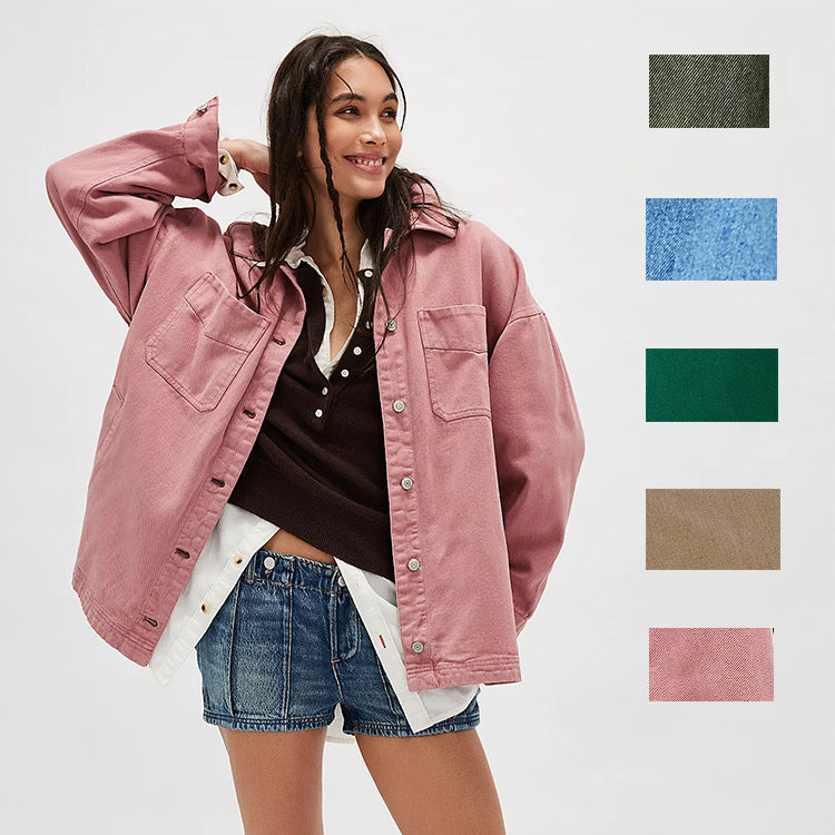 Casual Versatile Pocket Side Slit Denim Women's Coat