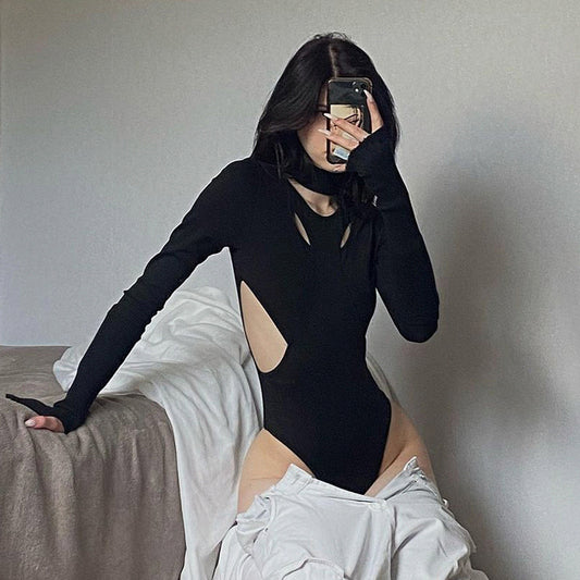 Stand Collar Thread Slim Solid Color Long Sleeve Bottoming Jumpsuit