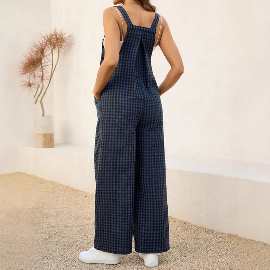 SpringSummer Casual Plaid Jumpsuit Loose Maternity Suspender Pants