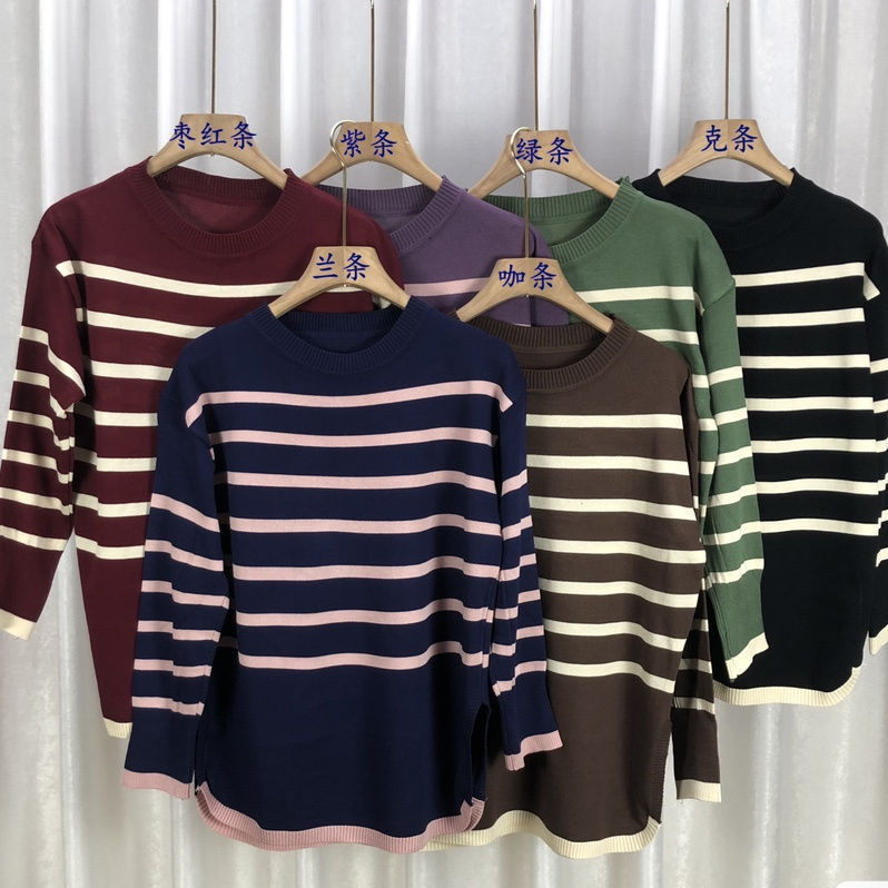 Idle Style Retro Striped Crew Neck Long Sleeves Knitwear