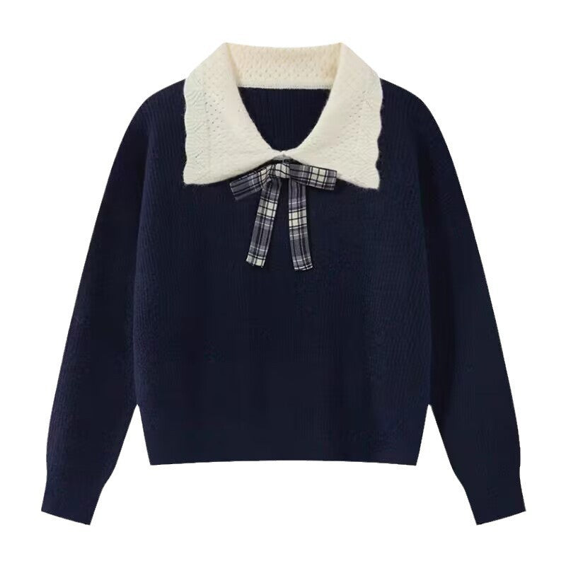 FallWinter Preppy-Style Color-Block All-Match Peter Pan Collar Sweater For Women