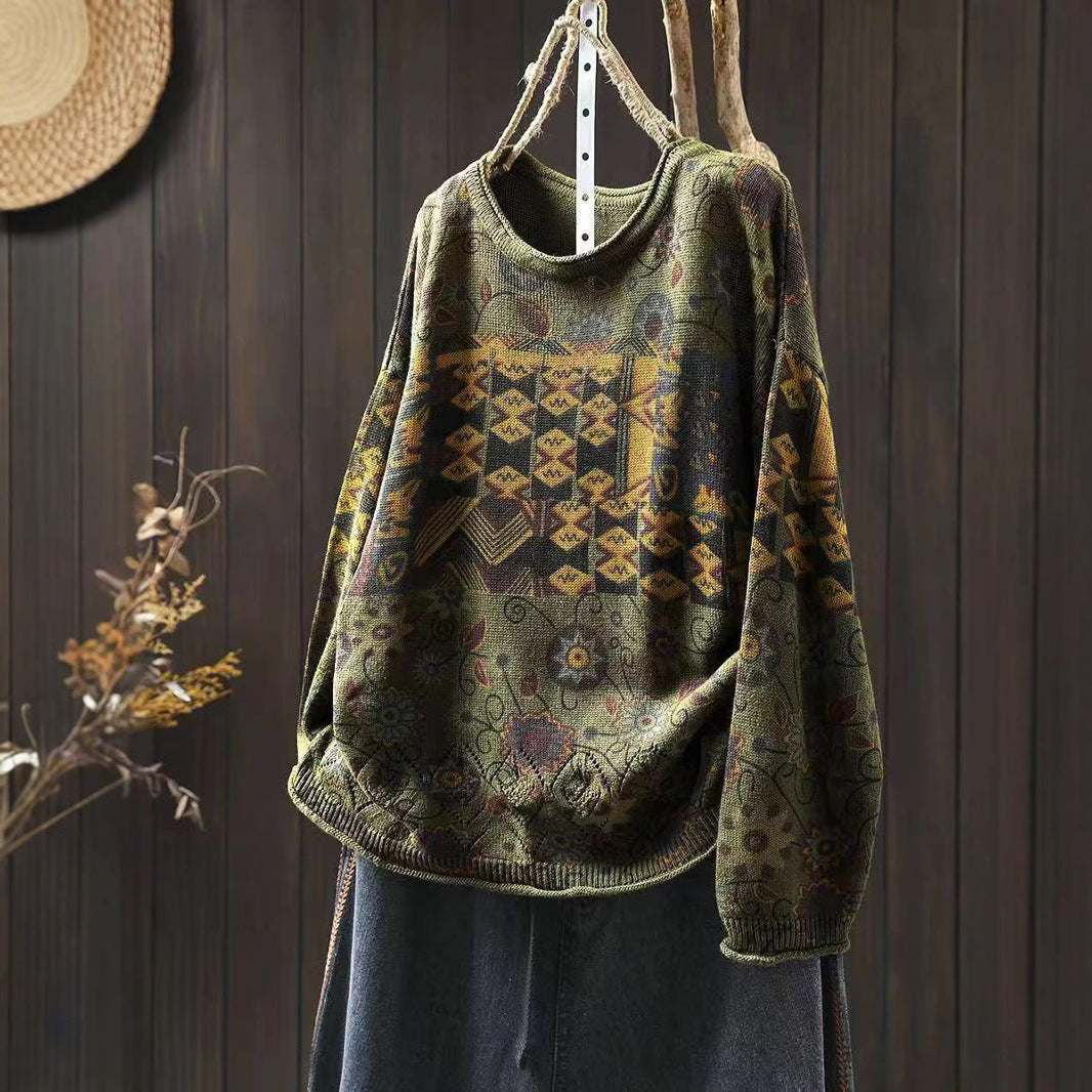 Women's Vintage Printed Cotton Knitted Sweater Round Neck