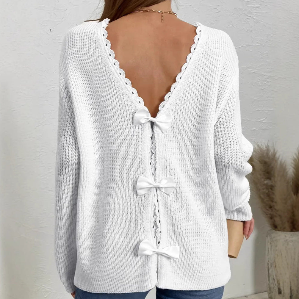 Round Neck Cutout Lace Stitching Bow Back Elegant Sweater