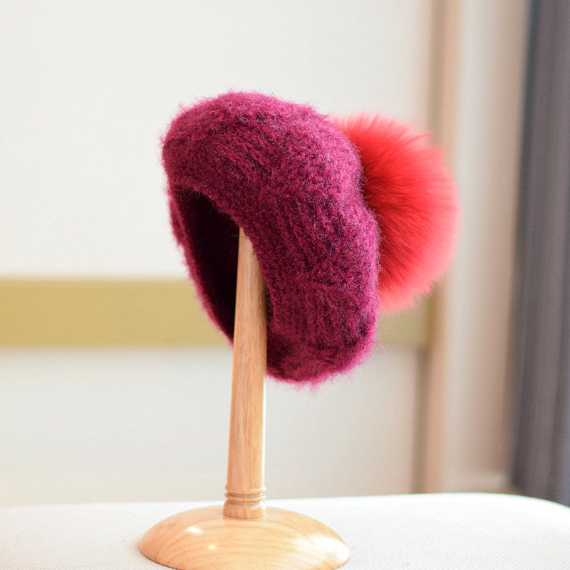 Knitted Fox Velvet Woolen Cap For Women