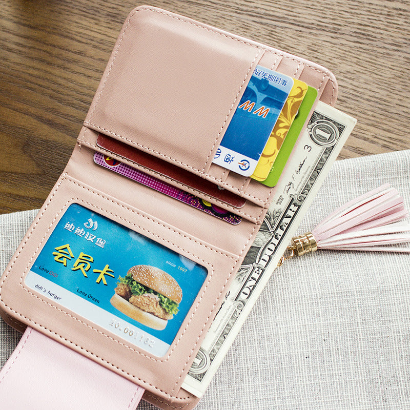 Cute Cat Ears Leather Short Tassel Women Wallet Small Day Clutch Trifold Female Purse ID Coin Card Holder Mini Bag