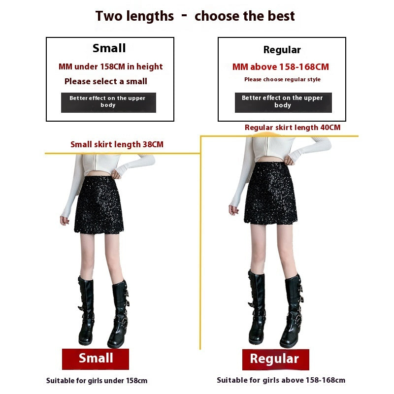 Sequined Skirt High Waist Black Sheath A- Line Skirt