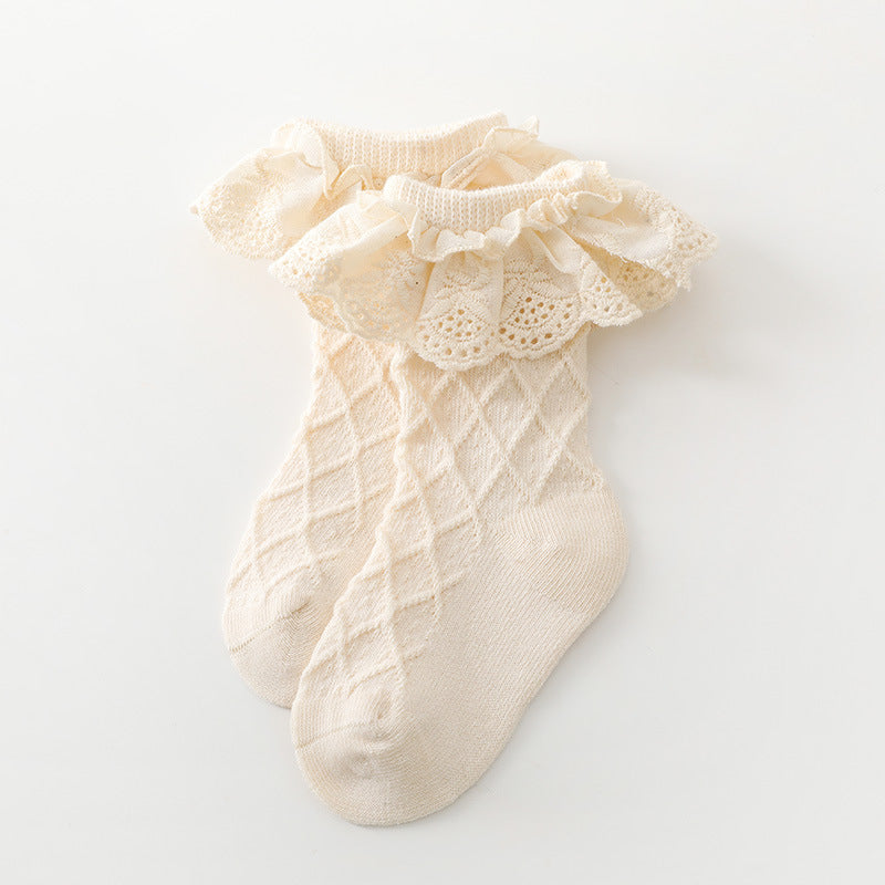 Korean Solid Lace Girls' Medium Tube Socks