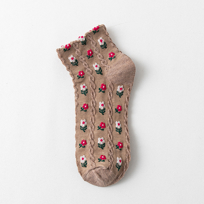 Small Floral Girl Cotton Socks Net Red Medium And Short Tube Student