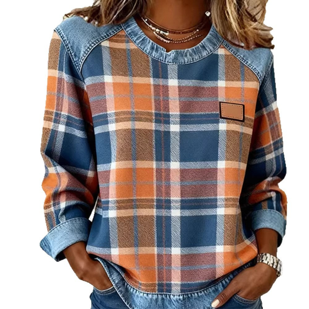 New Plaid Patchwork Loose-fitting Womens Crew-neck Blouse