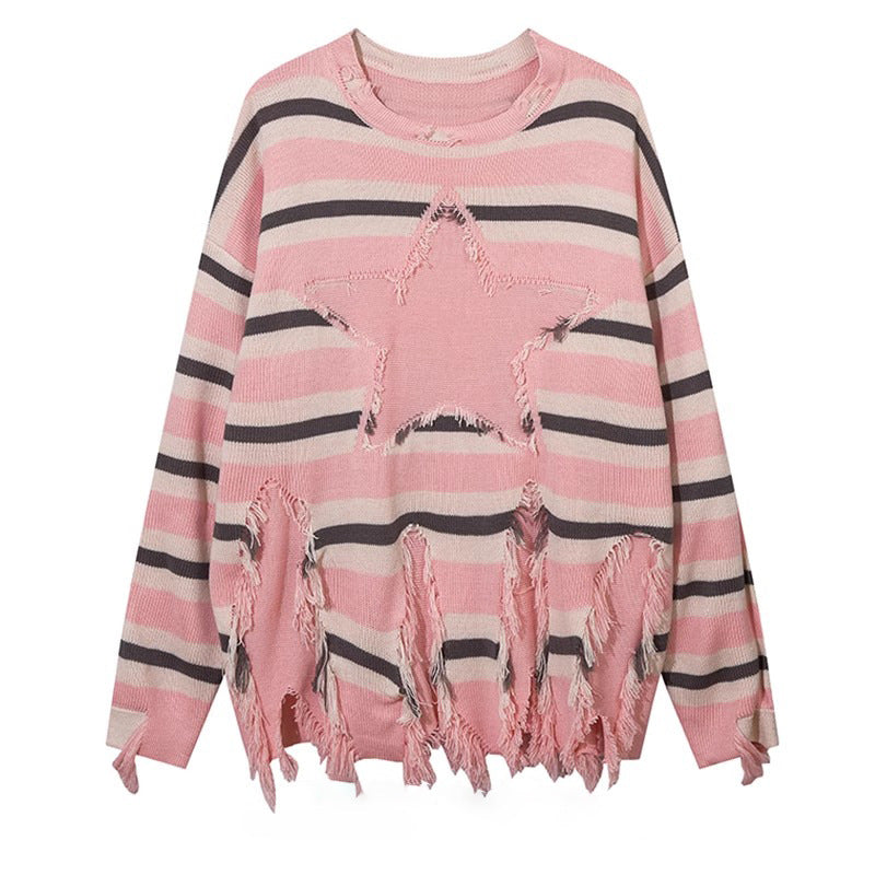 Pu Shuai Stitching Contrast Color Long Sleeves Round Neck Sweater