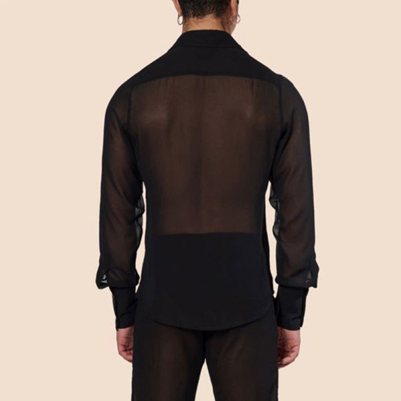 Sort Tynd Gennemsigtig Chiffon Slim Skjorte til Mænd