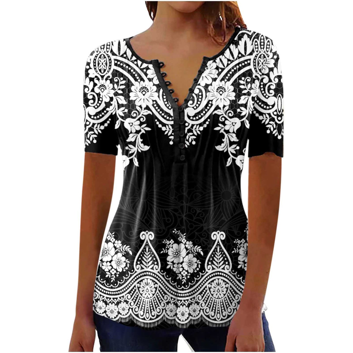 Women's Digital 3D Printed Pleated Round Neck T-shirt