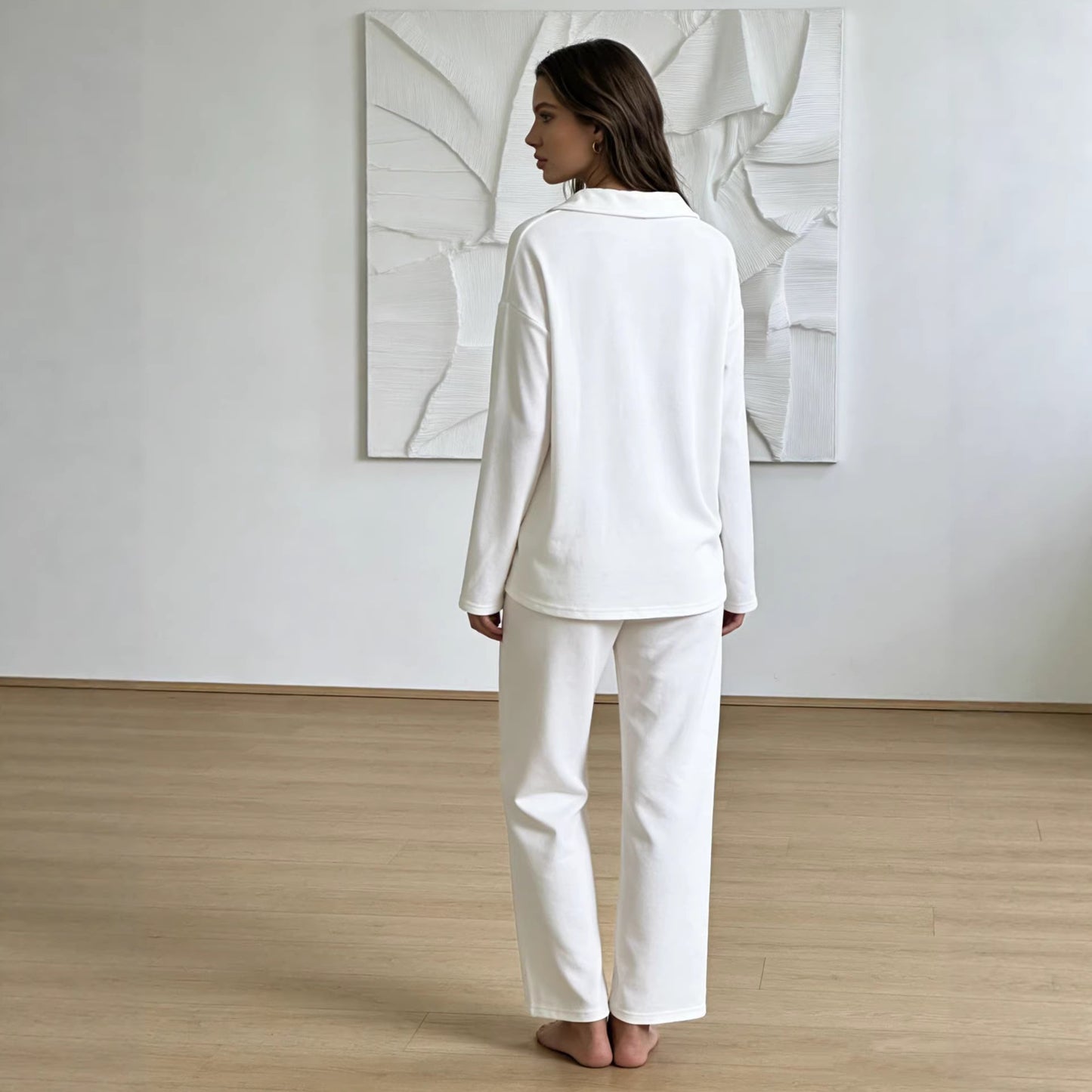 In Stock Springsummer Knit Polo-neck Long-sleeve Pullover And Trousers Two-piece Set