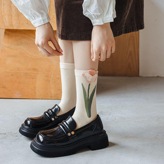 Women's Retro College Style Tulip Floral Cotton Socks
