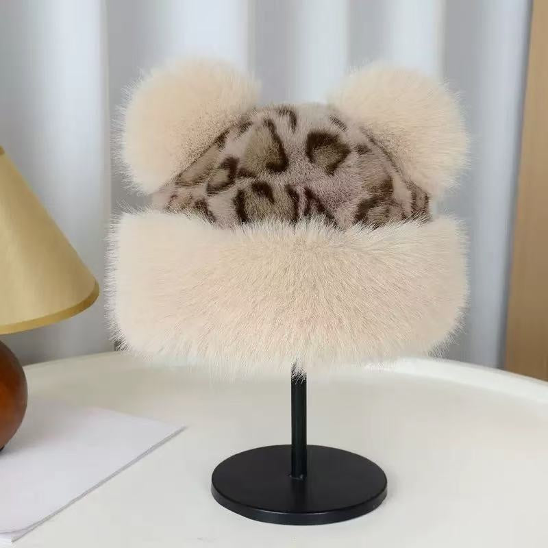 Leopard Pattern Bear Ear Thick Windproof Warm Fisherman Hat