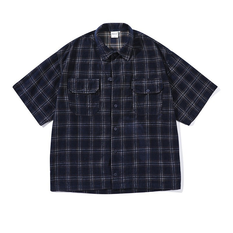 Summer Corduroy Plaid Casual Loose Men's And Women's Short Sleeve Shirt
