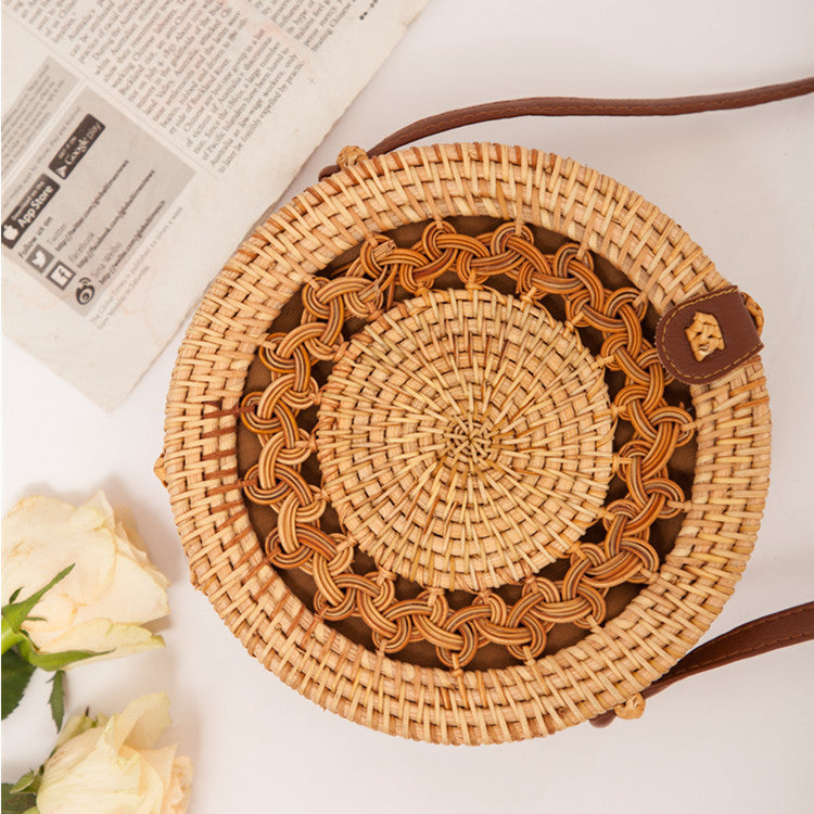 Natural PU small round straw bag