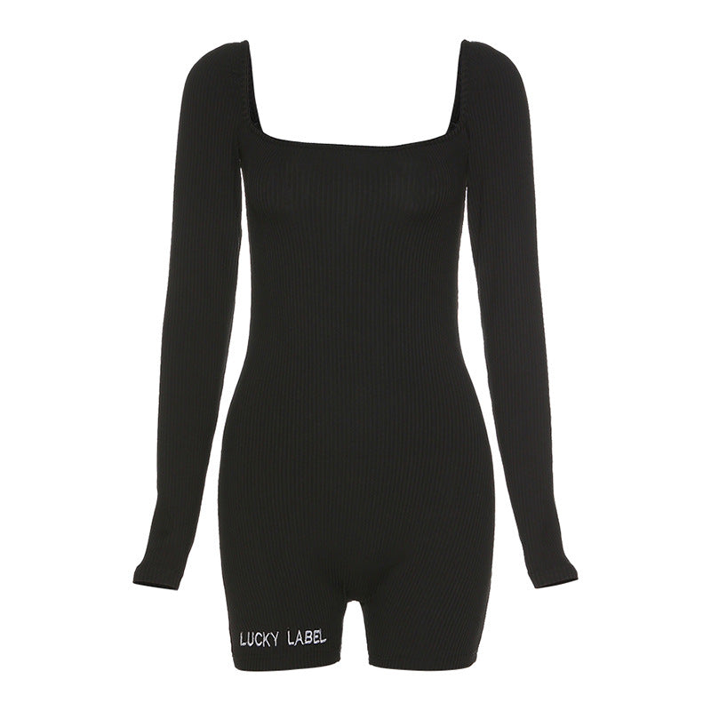 Summer Women's Clothing Long Sleeve Square-neck Fashion Back Slim Bottoming Jumpsuit