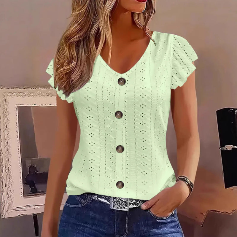 Solid Color Jacquard V-neck Buttons Long Sleeve T-shirt