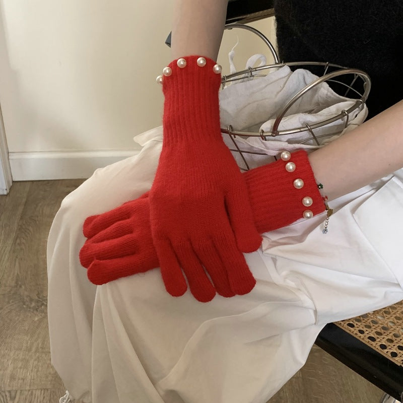 Solid Color Knitted Pearl Warm Knitted Gloves